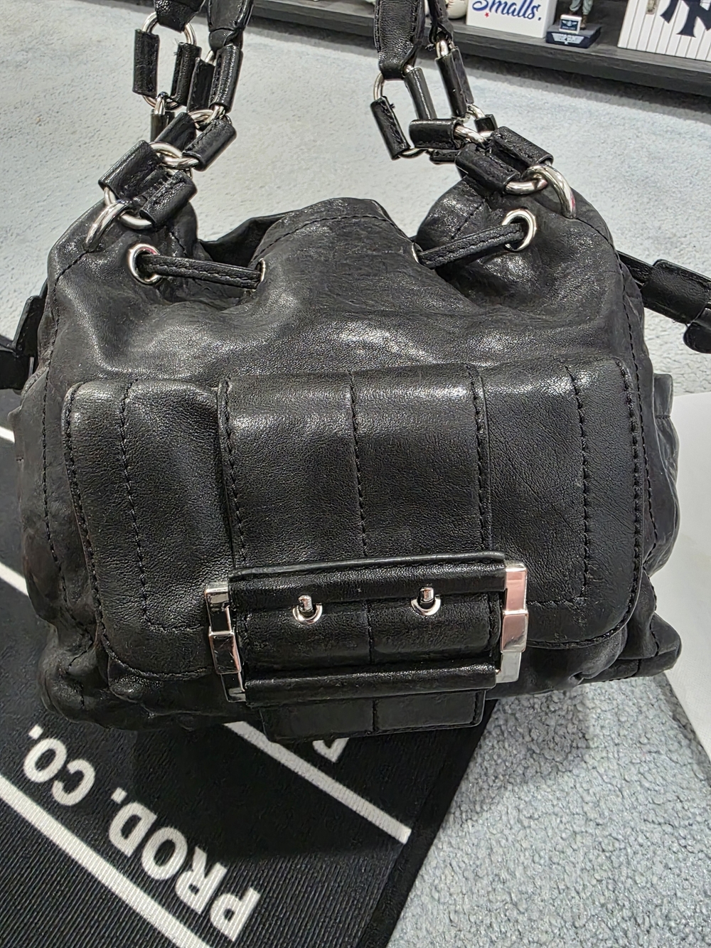Michael Michael Kors Black Leather Bucket Bag with Chain-Link Straps